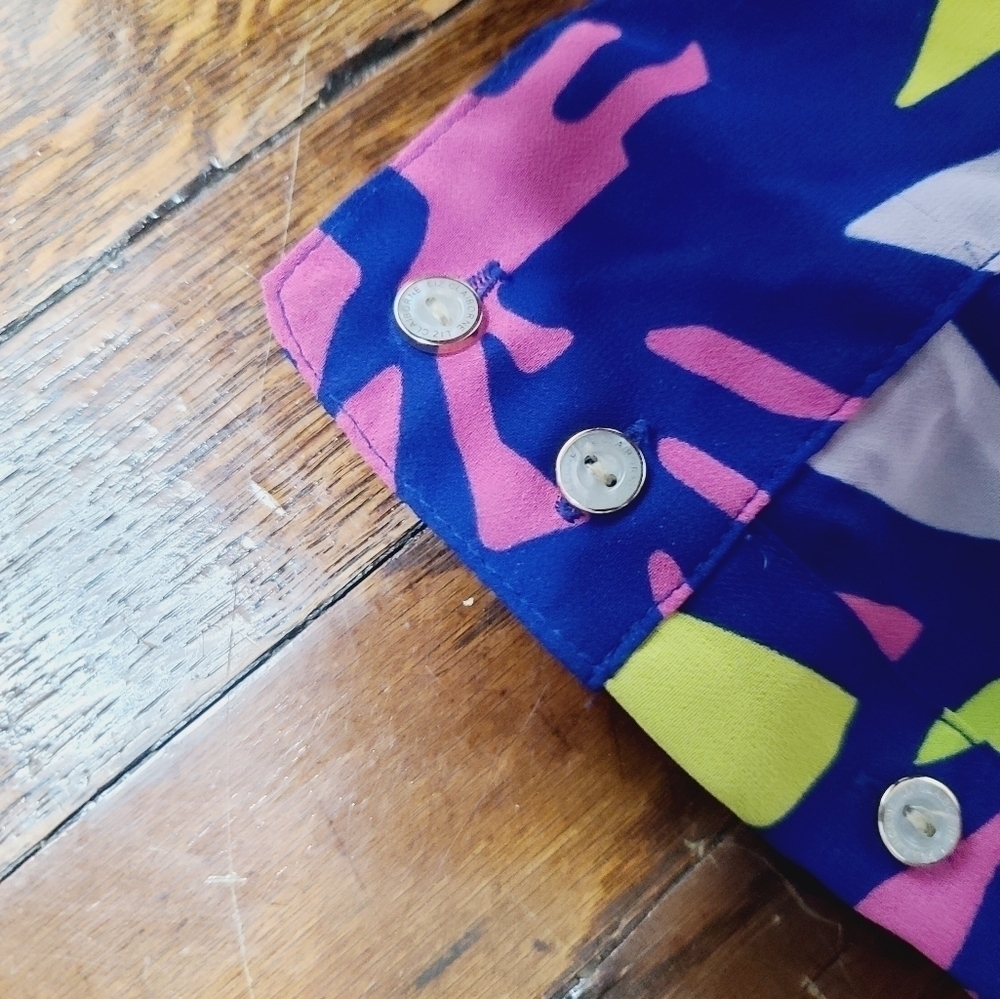 Neon Colorful Geometric Liz Claiborne Blouse Medium Career Semi Sheer - Picture 12 of 14
